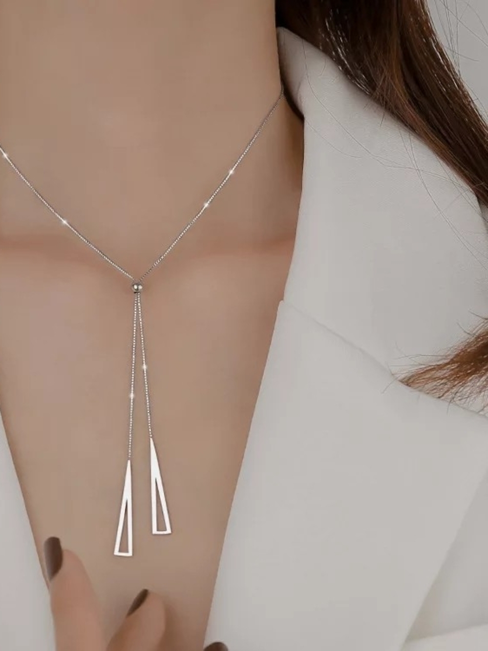 Triangle silver color woman's pendant neckMinimalist Silver Lariat Drop Necklace